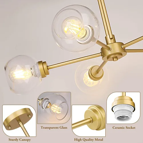 Miniatura 6 de Lámpara colgante con forma de globo, moderna lámpara de techo semiempotrada dorada con vidrio transparente, lámpara Sputnik de 5 luces para comedor