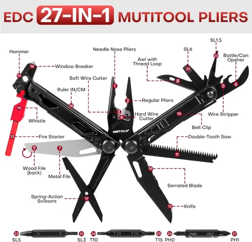 Miniatura 2 de WETOLS Multiherramienta con cuchillo de bolsillo, alicates de punta de aguja de acero inoxidable 27 en 1 con destornilladores, herramienta multiusos