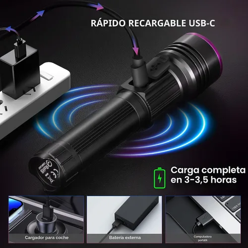 Miniatura 4 de Linterna UV de 365 nm recargable, linterna de luz negra con pantalla LCD, potentes luces ultravioleta para detección de orina de mascotas, curado