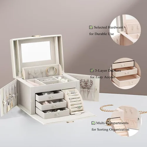 Miniatura 3 de vlando joyero organizador clásico de piel sintética con espejo y con llave