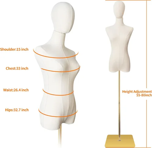 Miniatura 3 de Maniquí femenino con forma de torso para costura, cuerpo de maniquí dorado con soporte metálico, cabeza desmontable para exhibición de ropa