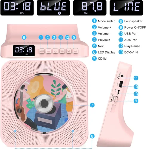 Miniatura 28 de Gueray Reproductor de CD portátil, reproductor de CD Kpop Bluetooth para escritorio con altavoz de sonido de alta fidelidad, radio FM, reproductor