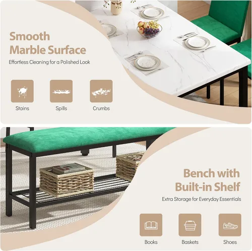 Miniatura 4 de HUGROVE Juego de mesa de comedor de mármol sintético 47.2 para 4, sillas de mesa de cocina con sillas tapizadas de terciopelo, juego de mesa de Verde