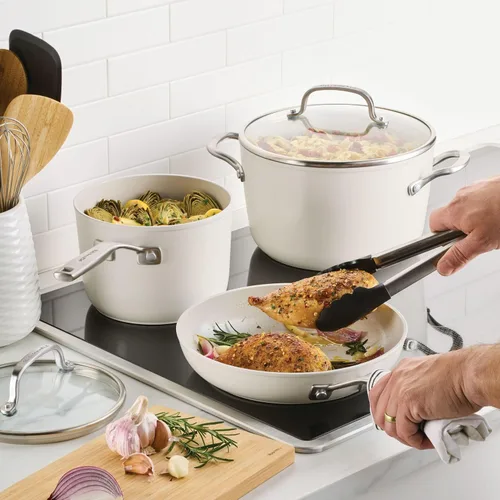 Miniatura 7 de KitchenAid Ollas y sartenes antiadherentes de inducción de cerámica anodizada dura con cacerolas, sartenes, olla y tapas, aptas para lavavajillas