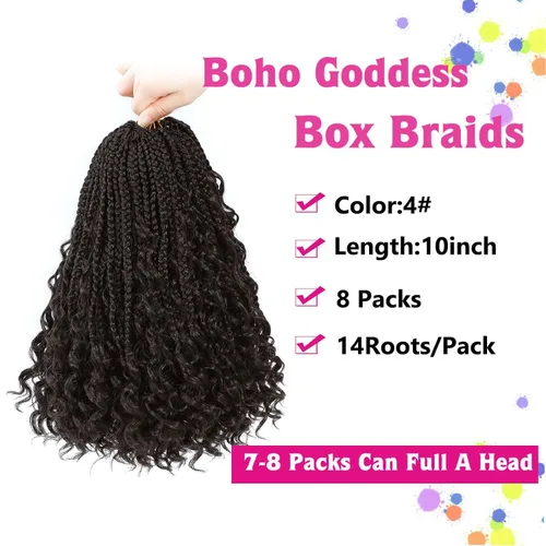 Miniatura 2 de Wodun Extensiones de Cabello de Ganchillo con Trenzas de Caja Goddess de 10 Pulgadas Pre-Enrolladas, Cabello de Ganchillo con Extremos Rizados Para