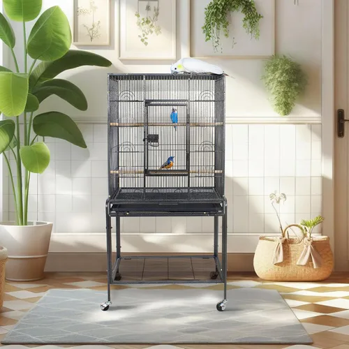 Miniatura 7 de ZENY Jaula de vuelo para pájaros de 53 pulgadas, de hierro forjado, grande con soporte rodante para cacatúas, loros, periquitos, agapornis, Negro