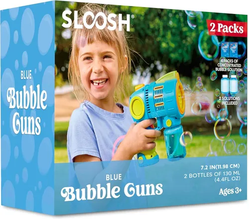 Miniatura 6 de Sloosh - Paquete de 2 pistolas de burbujas con solución de recarga, soplador automático de burbujas para niños, exteriores, fiestas, Pascua, verano