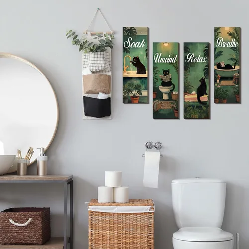 Miniatura 2 de Honoson 4 piezas de arte de pared de baño de gato negro y verde, decoración de pared de baño en negro y verde, para remojar y relajar, respirar