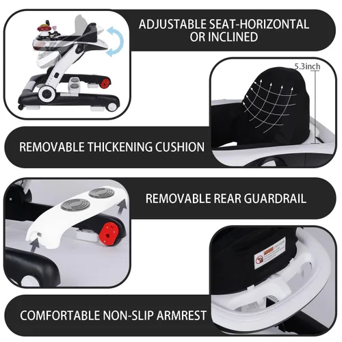 Miniatura 8 de Kinder King Andador para bebés con música y luces, 5 en 1 caminante de actividad para bebés con rueda, altura y asiento ajustables, asiento de Negro