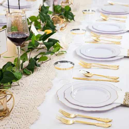 Miniatura 8 de WDF Partyware 350 Piezas de Platos Desechables Dorados para 50 Invitados, Platos de Plástico para Fiesta, Set de Vajilla de 50 Platos de Cena, 50