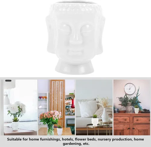 Miniatura 4 de Happyyami Maceta de cerámica para plantas de interior, diseño de estatua de Buda para decoración del hogar, 1 ud