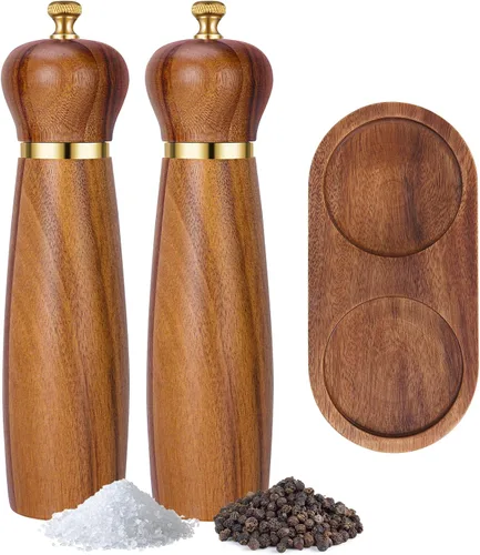 Juego de molinillo de sal y pimienta de madera de acacia con base, molinillo de pimienta manual de 8 pulgadas con grosor ajustable, juego de 2