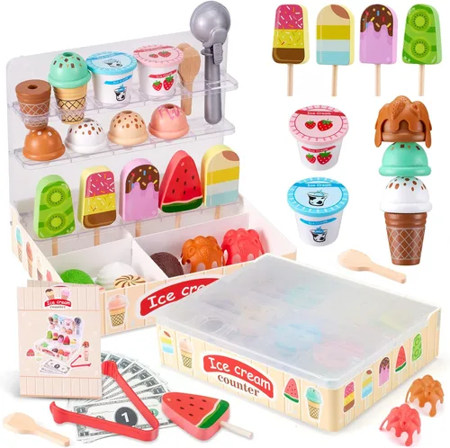 Miniatura 9 de Ehome Juego de juguetes de helado de madera, tienda de alimentos para niños, para servir helados, mostrador, tienda, juego de cocina con rueda
