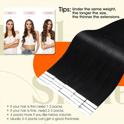 Miniatura 4 de Full Shine - Extensiones de cabello humano Remy con cinta adhesiva intacta de color 1 negro azabache, extensiones de cabello adhesivas, invisibles
