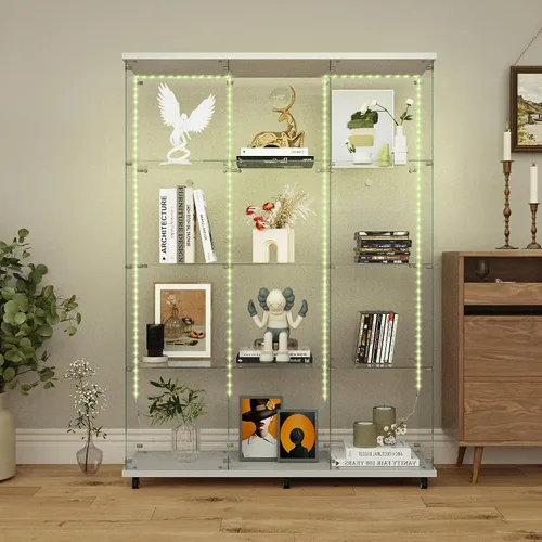 Miniatura 30 de Vitrina de cristal con 4 estantes con tira de luces LED y cerradura, vitrina de vitrina con ruedas y 1 puerta, vitrina de vidrio templado para sala