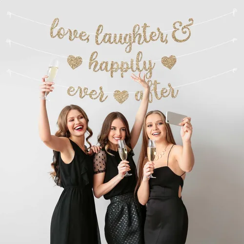 Miniatura 7 de Cartel preencordado con texto en inglés "Love Laughter & Happily Ever After", "No hazlo tú mismo" – Cartel dorado con purpurina para despedida