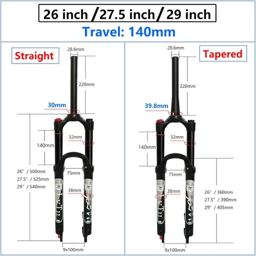 Miniatura 2 de Bicicleta de montaña suspensión neumática horquilla delantera 26 27.5 29 pulgadas 5.512 in rebote de viaje ajuste horquillas QR 0.354 in negro