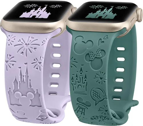 Miniatura 8 de 2 paquetes de correas grabadas con dibujos animados compatibles con Apple Watch de 38/40/41/42/44/45/46/49 mm, correa de silicona suave y linda