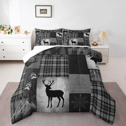 Miniatura 34 de Manfei Rutic Farmhouse - Juego de edredón tamaño King, juego de ropa de cama de retazos de madera a cuadros de ciervo, oso, árbol, 3 piezas