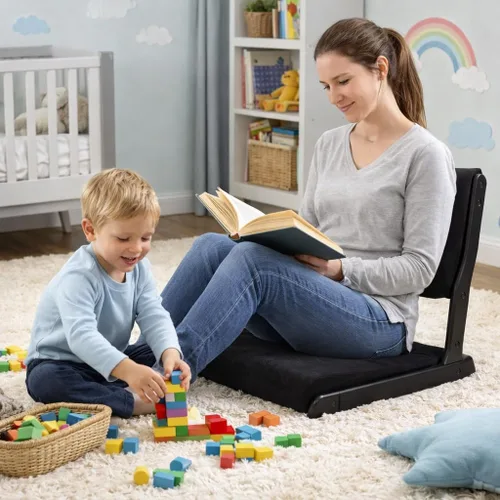 Miniatura 7 de HollyHOME Silla plegable de Tatami, asiento de piso estilo japonés tapizado, respaldo sin patas de madera con cojín, acento de meditación para Negro