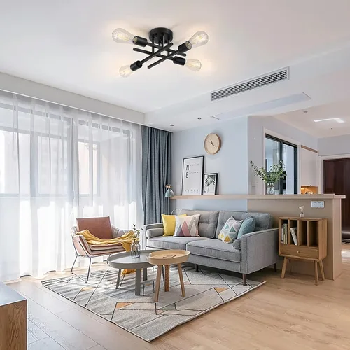 Miniatura 4 de SunRider Lámpara de Techo Industrial Semiempotrada de 4 Luces, Luces de Casa de Campo Moderna Negro Mate, Candelabro Rústico Sputnik para Dormitorio