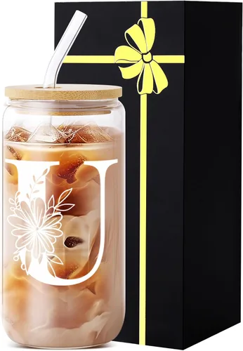 Miniatura 17 de Vaso de vidrio con monograma con tapa, pajita, idea de regalo de moda para amantes del café para mujeres y adolescentes, regalo personalizado
