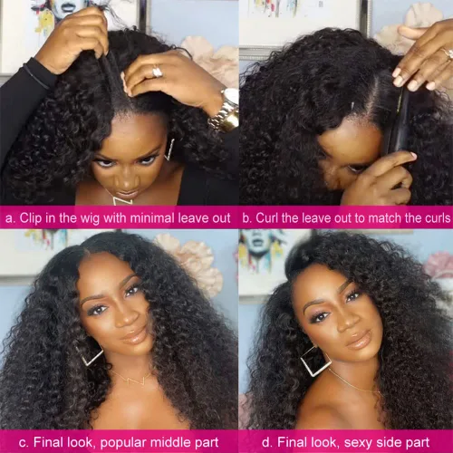 Miniatura 2 de Peluca de cabello humano rizado rizado con parte en V para mujeres negras, en forma de V, sin dejar fuera, sin pegamento, 14 pulgadas