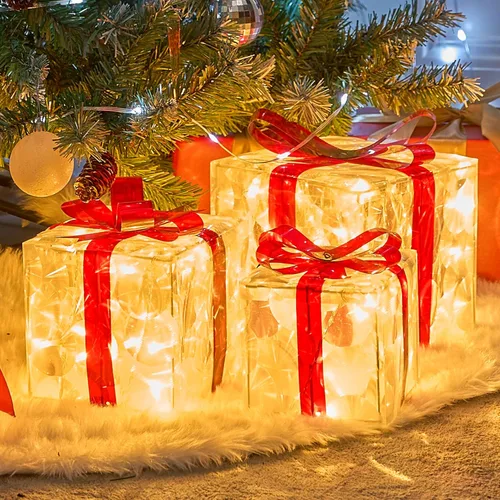 Miniatura 9 de JOIEDOMI Cajas de regalo iluminadas de Navidad, juego de 3 cajas de regalo transparentes con iluminación de Navidad, cajas de Navidad con luz LED