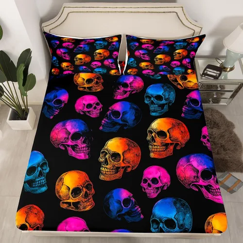 Miniatura 17 de Erosebridal Sábanas de calavera de azúcar, sábana bajera ajustable de Halloween, tamaño individual, ropa de cama de galaxia trippy morada, funda