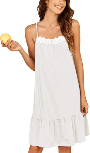 Miniatura 15 de Ekouaer Camisones de algodón para mujer, sin mangas, vestido de noche de encaje, vestido de noche con botones, camisón victoriano
