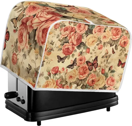 Miniatura 6 de Cubierta para tostadora retro con diseño de rosas y mariposas de 4 rebanadas, horno, tostadora, a prueba de polvo, cubierta de electrodomésticos
