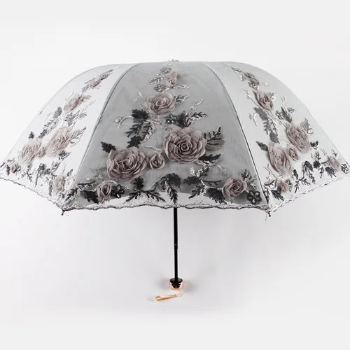 Miniatura 161 de Honeystore Sombrilla bordada con flor 3D plegable UV con encaje clásico