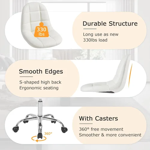 Miniatura 4 de VECELO Silla de escritorio para oficina en casa sin brazos, altura ajustable, de piel sintética PU, giratoria 360 grados con ruedas, elegante