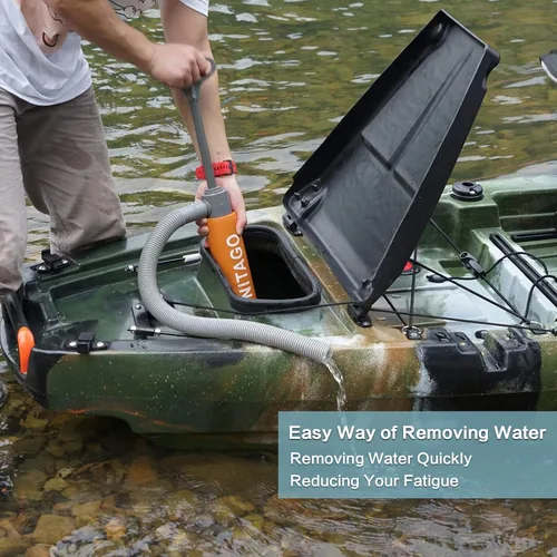 Miniatura 6 de Bomba de sentina manual para kayak, canoa y barco, bomba de agua manual de sifón portátil de 17 pulgadas para kayaks con manguera reversible, naranja