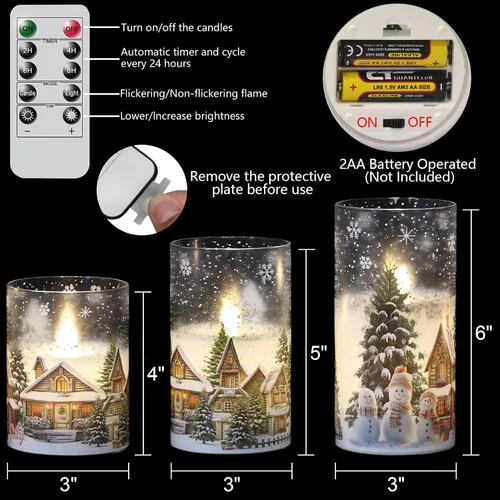 Miniatura 2 de Velas de cristal sin llama de casa de muñeco de nieve a pilas, con control remoto y temporizador; velas LED parpadeantes de cera real, luz blanca