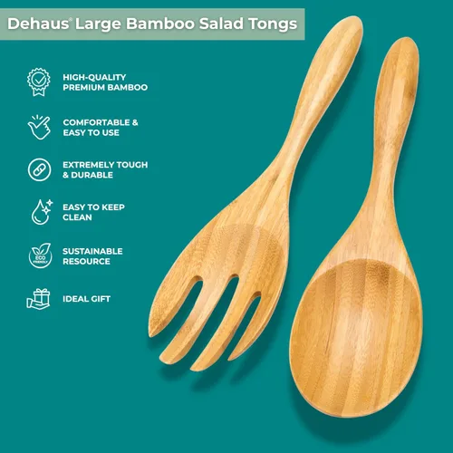 Miniatura 2 de Dehaus Servidores de ensalada de bambú extra grandes de 12 pulgadas - Cucharas de madera para servir ensaladas - Utensilios ecológicos - Manos