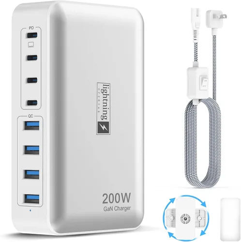 Miniatura 13 de Bloque de carga rápida USB C de 200 W, estación de carga de 8 puertos para iPhone/iPad/MacBook, caja de cargador 4C4A GaN, cargadores múltiples
