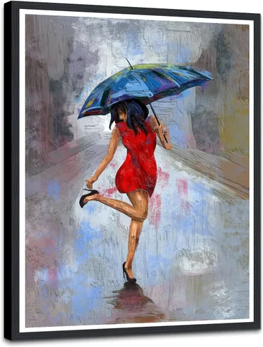 Miniatura 17 de Lienzo abstracto moderno para pared, póster de niña en vestido rojo caminando con paraguas azul, obra de arte para la decoración de pared