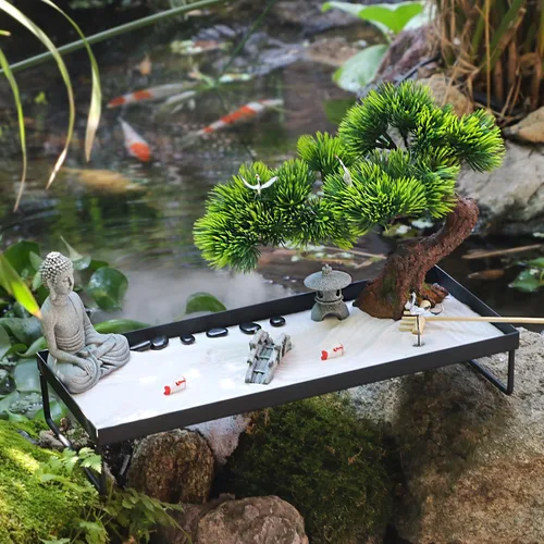 Miniatura 8 de BangBangDa Decoración japonesa de meditación, decoración de bonsái para oficina en casa para escritorio de mesa, decoración de mesa de arena de roca
