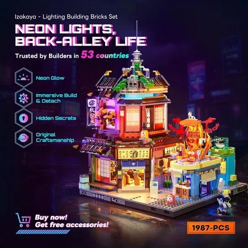 Miniatura 2 de FUNWHOLE Cyberpunk - Juego de iluminación japonesa Izakaya - Juego de ladrillos de construcción - Cyberpunk Neon City Future Pub Japanese Street