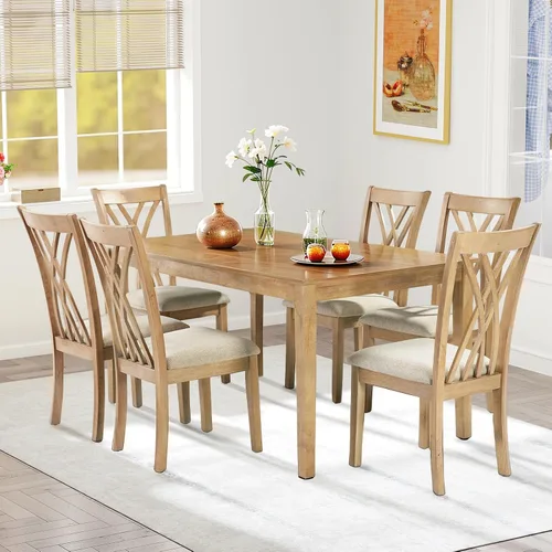 Miniatura 11 de Zevemomo Juego de mesa de comedor de madera maciza de 6 piezas, incluye 1 mesa de comedor, 4 sillas tapizadas y 1 banco, juego de mesa de comedor