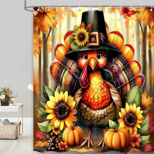 Miniatura 2 de Cortina de ducha de Acción de Gracias de otoño con pavo, juego de cortinas de baño de granja con flores de calabaza de otoño y cosecha, tela