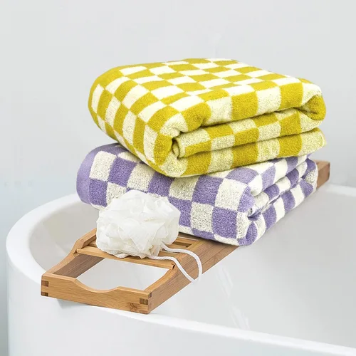 Miniatura 2 de Jacquotha Juego de toallas de baño a cuadros en amarillo y lila, toallas de ducha suaves y grandes, paquete de 2 toallas de baño de 55 x 27.5
