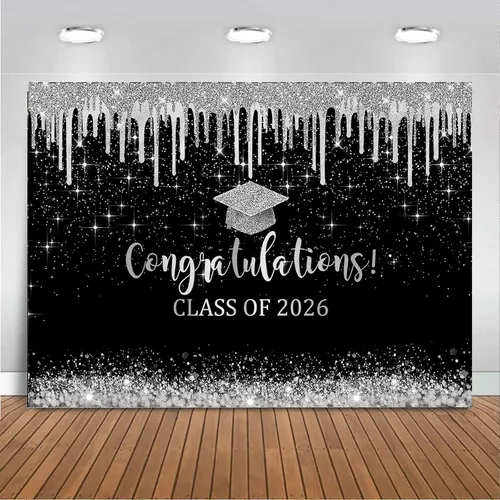 Miniatura 12 de Mocsicka Fondo de graduación de 7 x 5 pies 2026, decoraciones de graduación negro y dorado, pancarta de felicitaciones de graduación 2026, fondo
