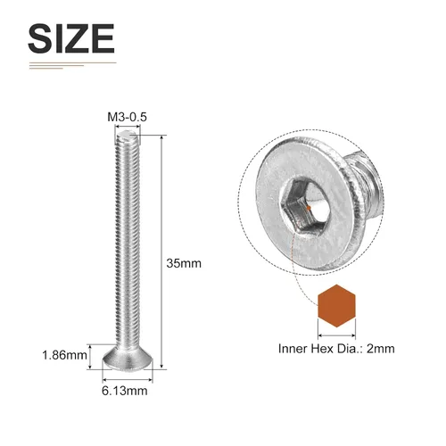 Miniatura 2 de DTGN Tornillos de cabeza plana M3-0.020 x 1.378 in, paquete de 50 tornillos de cabeza plana de acero inoxidable 304, rosca completa, pernos