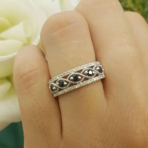 Miniatura 7 de Dazzlingrock Collection Anillo de boda de aniversario de mujer con piedras preciosas redondas y diamantes blancos Plata de ley 925