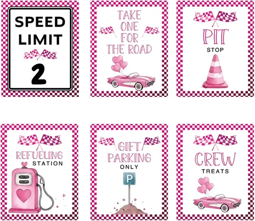 Miniatura 7 de Letreros de fiesta de primer cumpleaños de coche de carreras rosa, límite de velocidad, decoraciones de cumpleaños para niña, decoración rápida