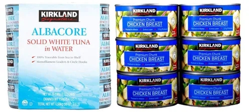 Kirkland Signature - Paquete de atún blanco sólido y pechuga de pollo enlatada, incluye 8 latas de atún blanco y 6 latas de pollo en trozos prémium