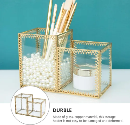 Miniatura 3 de ULTECHNOVO Two-compartment Glass Makeup Brush Holder Cosmetic Storage Organizer with Lace Design for Vanity Desk and Jewelry Display