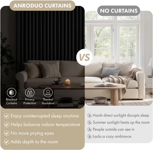 Miniatura 3 de ANRODUO Juego de 2 cortinas con bloqueo de luz del 99%, cortinas de 84 pulgadas de largo, cortinas negras para dormitorio, cortinas con aislamiento